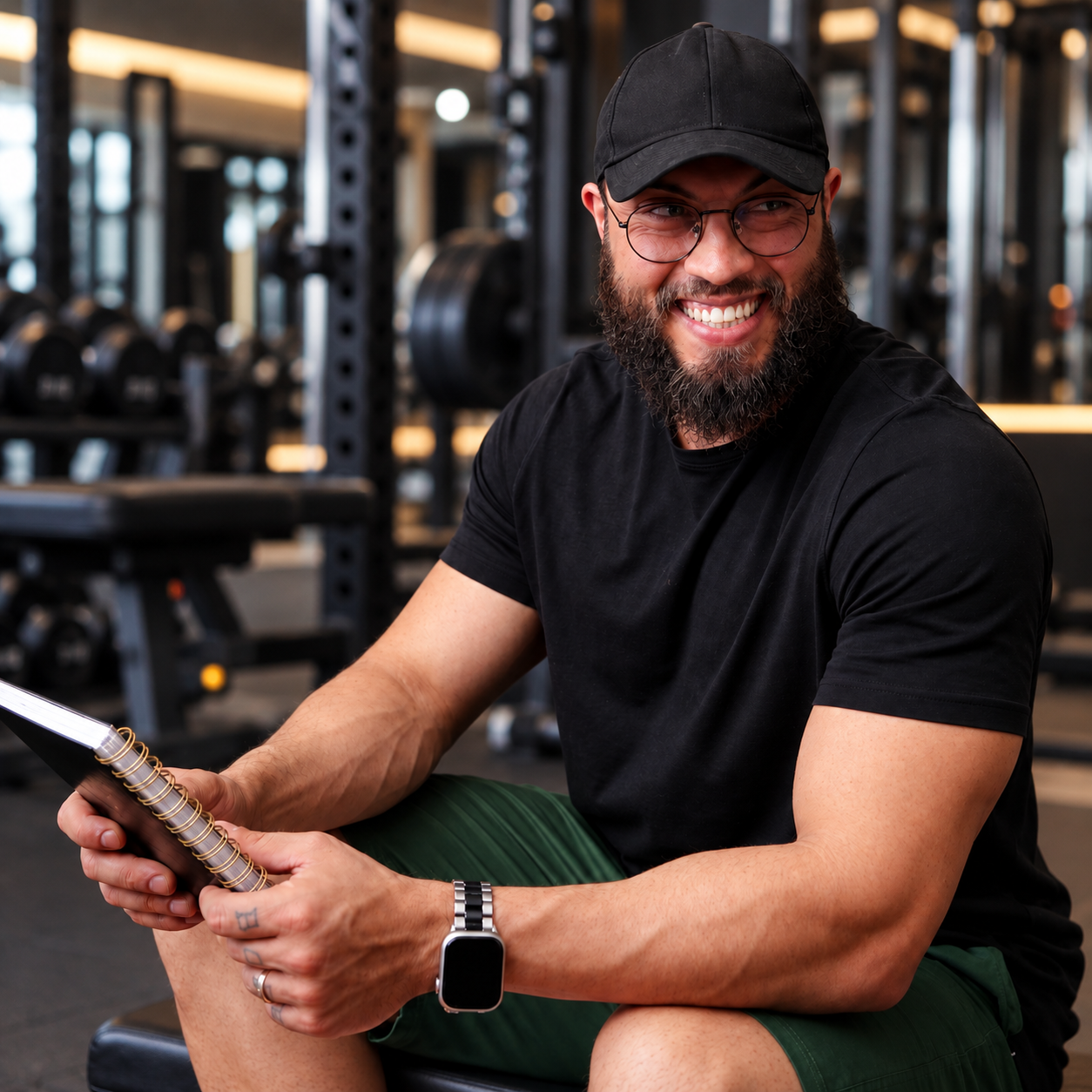 Pedrão sorrindo na academia, sentado com um caderno de acompanhamento nas mãos